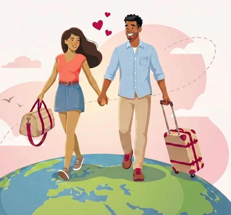 A happy couple holding hands, walking together across a tiny globe with hearts in the air